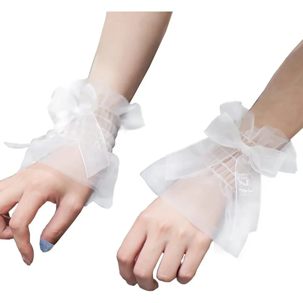 Women's Bow Lace White Wrist Cuff Hand Sleeve Gloves Wedding Party Decoration